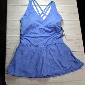 NWT TROPICAL ESCAPE Blue Jacquard Double Cross Straps Swimdress Bathing Suit 22